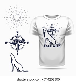 Vector wolf silhouette view side for retro logos, emblems, badges, labels template vintage design element. Isolated on t-shirt blank