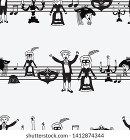 Vector Wolfgang Amadeus Mozart repeating  seamless pattern background with Mozart, his wife, Carnival masks, candle sticks as a sheet of music lines like a dots or notes