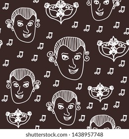 Vector Wolfgang Amadeus Mozart repeating seamless pattern background with Mozart, notes and baroque carnival mask