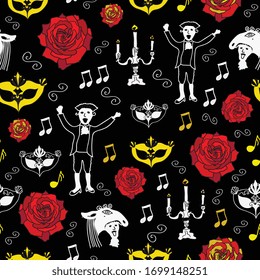 Vector Wolfgang Amadeus Mozart repeating seamless pattern background with Mozart, Carnival masks, candle sticks and notes