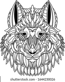 vector wolf's head outline.  with mandala motifs and floral ornaments, from world tribes. Perfect for unique designs, tattoos, t shirts, and other designs as well as elegant colors