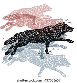 Vector wolves in abstract composition. Lino cut wolves in different colors on white background