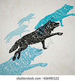 Vector wolves in abstract composition. Linocut wolves in different colors on on the old paper