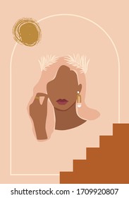 Vector woman abstract portrait. Trendy printable postcard.