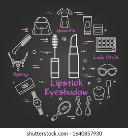 Vector woman accessories concept - Lipstick and eyeshadow icon. Cosmetic, jewelry, hygiene items, clothing, shoes and other womens accessories shown by outline icons arranged on black web banner