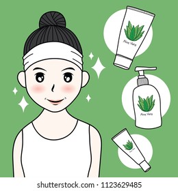 Vector woman with aloe vera skin care , cream , lotion and serum. Hand drawn illustration cosmetic package.