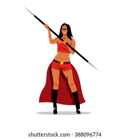 Vector Woman Amazon with a spear Cartoon Illustration. Girl with a spear in a red dress. Branding Identity Corporate Logo isolated on a white background
