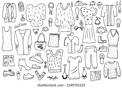 Vector woman apparel and accessories set in doodle style. Collection of female fashion clothes, shoes, jewelry isolated on white background. Black and white design illustration. 