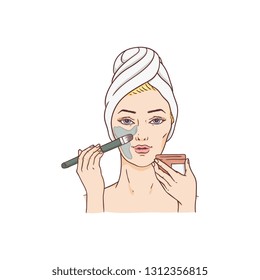 Vector woman applying facial mask. Face skin treatment and therapy concept. Young woman with towel and spa salon. Cosmetic skincare product packaging design.