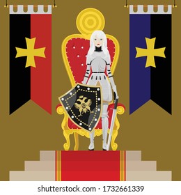 vector woman in armor standing in front of red and gold throne