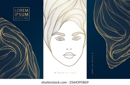 Vector woman art deco line logo, face beauty female illustration, goddess label, classic nouveau graphic.