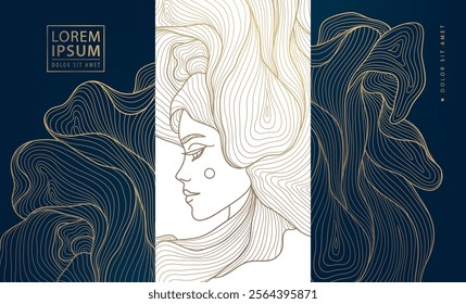 Vector woman art deco line logo, face beauty female illustration, goddess label, classic nouveau graphic.