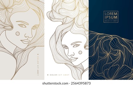 Vector woman art deco line logo, face beauty female illustration, goddess label, classic nouveau graphic.