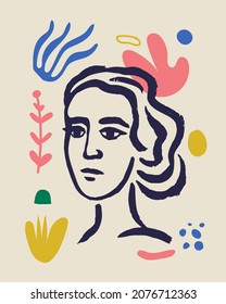 Vector woman art poster. Matisse inspired hand drawn contemporary portrait for print wall art decor, retro style. Abstract collage shapes