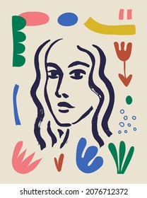 Vector woman art poster. Matisse inspired hand drawn contemporary portrait for print wall art decor, retro style. Abstract collage shapes