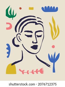 Vector woman art poster. Matisse inspired hand drawn contemporary portrait for print wall art decor, retro style. Abstract collage shapes