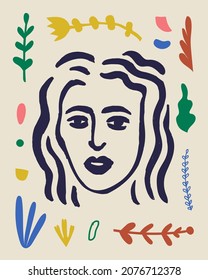 Vector woman art poster. Matisse inspired hand drawn contemporary portrait for print wall art decor, retro style. Abstract collage shapes