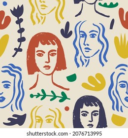 El arte de la mujer vectora es un patrón sin fisuras, fondo. Retratos contemporáneos con dibujos a mano inspirados en Matisse, flores y formas abstractas para la decoración de las paredes impresas, de estilo retro. collage