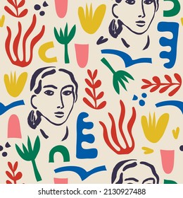 Vector woman art seamless pattern, background. Matisse inspired hand drawn contemporary women portraits, flowers and abstract shapes for print wall art decor, retro style. collage