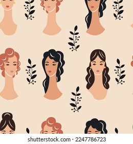 Vector woman art seamless pattern. Hand drawn contemporary portraits, leaves and abstract shapes for print wall art decor, retro style. collage
