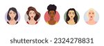 Vector Woman Avatar Set. Beautiful Young Girls Portrait Collection, Different Hairstyle. Female Face Types, Different Nationalities Portraits. Cartoon Multiethnic Society in Flat Style. Front View