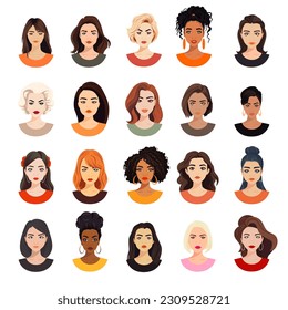 Vector Woman Avatar Set. Beautiful Young Girls Portrait Collection, Different Hairstyle. Female Expressing, Emotions, Different Nationalities. Cartoon Multiethnic Society in Flat Style. Front View