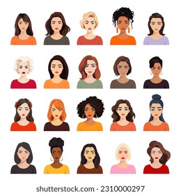 Vector Woman Avatar Set. Beautiful Young Girls Portrait Collection, Different Hairstyle. Female Expressing, Emotions, Different Nationalities. Cartoon Multiethnic Society in Flat Style. Front View