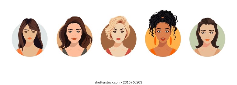 Vector Woman Avatar Set. Beautiful Young Girls Portrait Collection, Different Hairstyle. Female Face Types, Different Nationalities Portraits. Cartoon Multiethnic Society in Flat Style. Front View