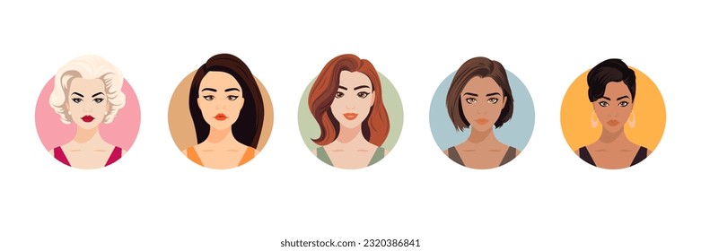 Vector Woman Avatar Set. Beautiful Young Girls Portrait Collection, Different Hairstyle. Female Face Types, Different Nationalities Portraits. Cartoon Multiethnic Society in Flat Style. Front View