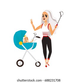 Vector woman with baby in stroller make selfie . Flat cartoon Isolated illustration on a white background. Female adult, infant makes photo by selfie stick on vacation