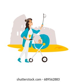 Vector woman with baby in stroller make selfie on the background of Coliseun. Flat cartoon Isolated illustration on a white background. Female adult baby infant makes photo by selfie stick on vacation