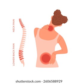 Vector woman with back pain in the cervical and lumbar spine. Sick girl with inflammation in the neck and lower back. Medical problem of backache