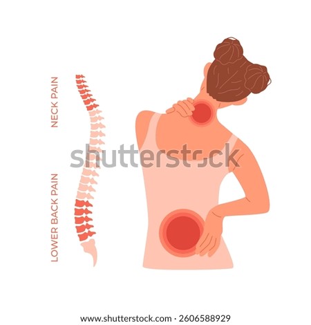 Vector woman with back pain in the cervical and lumbar spine. Sick girl with inflammation in the neck and lower back. Medical problem of backache
