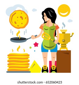 Vector Woman bakes pancakes. Flat style colorful Cartoon illustration.