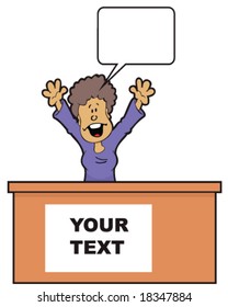 vector woman behind desk waving her arms