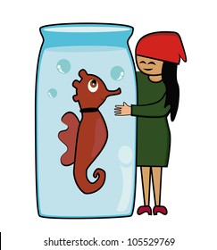 Vector - A woman and big sea horse.