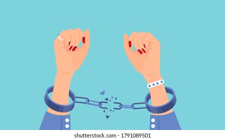 Vector of a woman breaking handcuffs enjoying freedom
