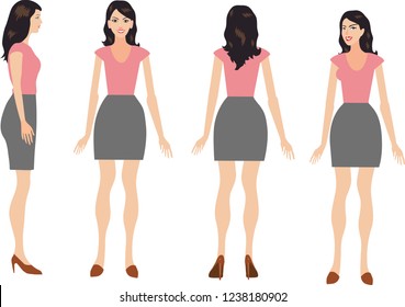 Vector - Woman Brunette Standing, Frontview, Side View And Rear View