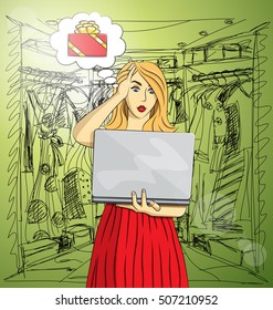 Vector woman buy Christmas gifts online. Woman buy gifts. Online shopping