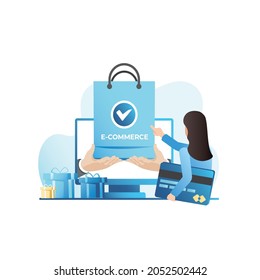 Vector woman buys goods in online store, contactlessly pays for purchases with debit or credit card. Girl receives placed order on Internet by delivery from computer screen.