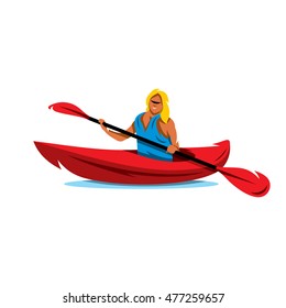 Vector Woman in canoe. Kayaking Cartoon Illustration. Girl with a double paddle boat. Unusual Logo template isolated on a white background
