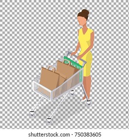 Vector woman carry shopping cart on transparent background. A woman with empty shopping cart. -stock vector