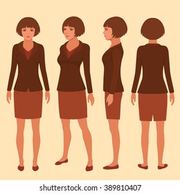 Vector Woman Cartoon Character, Front, Back And Side View Of Secretary