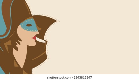 Vector woman celebrating venetian carnival wearing traditional costume and hat also mask. Woman in masked hat.