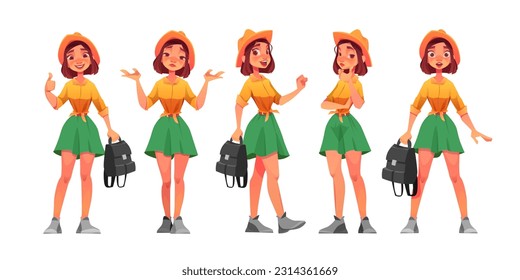 Vector woman character cartoon pose illustration set. Happy teenage student holding backpack with thumb up finger gesture and thinking face expression. Frightened and smiling lady in shirt collection