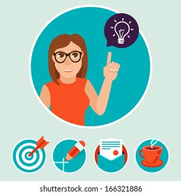 Vector woman character with sign and symbols - internet marketing concept in flat modern style
