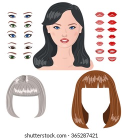 Vector woman characters constructor. Female faces icon creator
