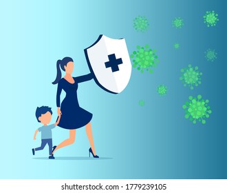 Vector of a woman with a child holding knight shield to protect from COVID-19 viral infection