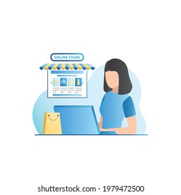 Vector woman chooses, buys things, goods in online store, places order on website. Shopping in paper bags on Internet. Girl in laptop, computer with canopy pays for purchases.