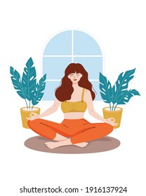 Vector woman with closed eyes sitting in a lotus pose at home. Concepts of meditation, yoga, relax, spiritual practice, recreation, healthy lifestyle. Flat cartoon illustration. 